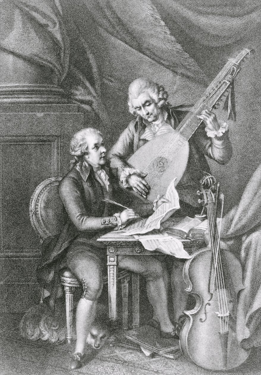 Retrato de Franz Joseph Haydn (1732-1809) e Wolfgang Amadeus Mozart (1756-91) compondo música para o alaúde, gravada por Michele Benedetti (1745-1810) de John Francis Rigaud