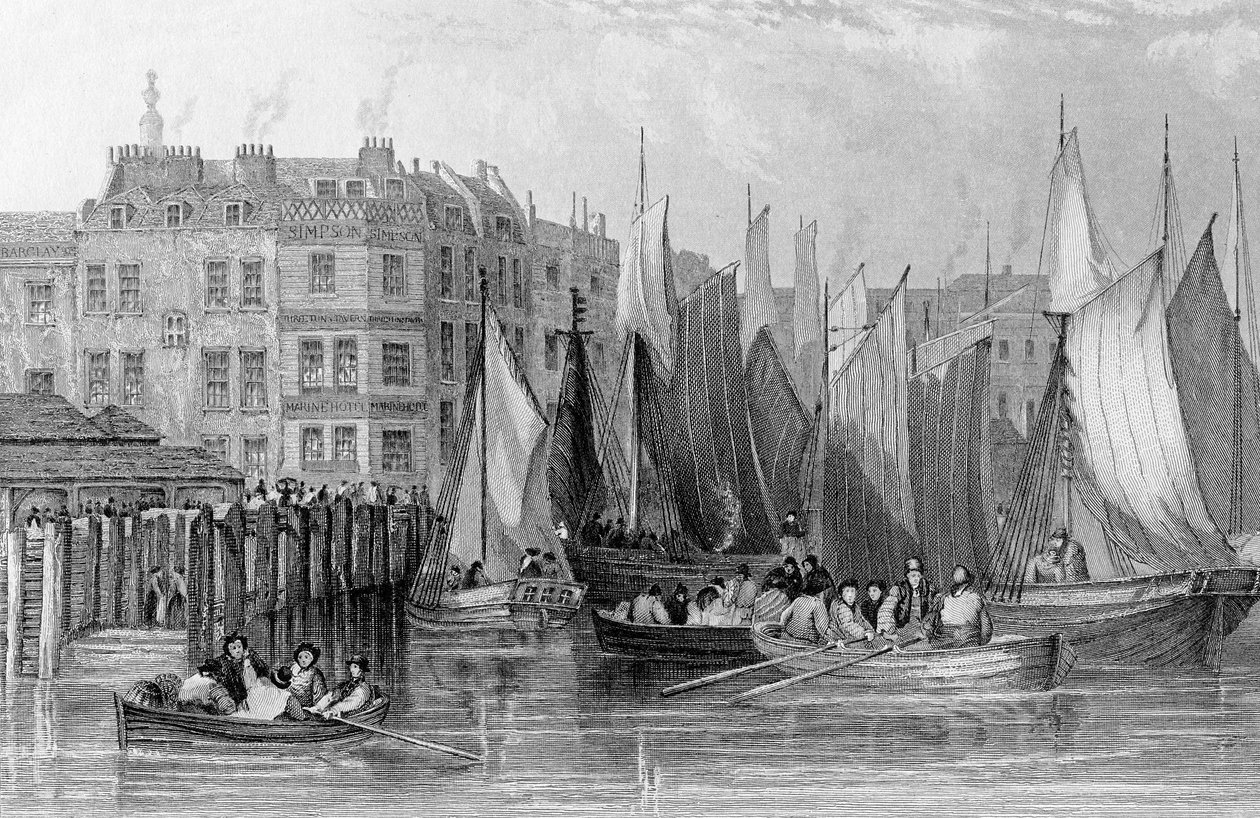 Billingsgate, ilustração em "História de Londres: Ilustrado por vistas de Londres e Westminster" por John Woods, gravado por John Woods, publicado em 1838 de John Francis Salmon