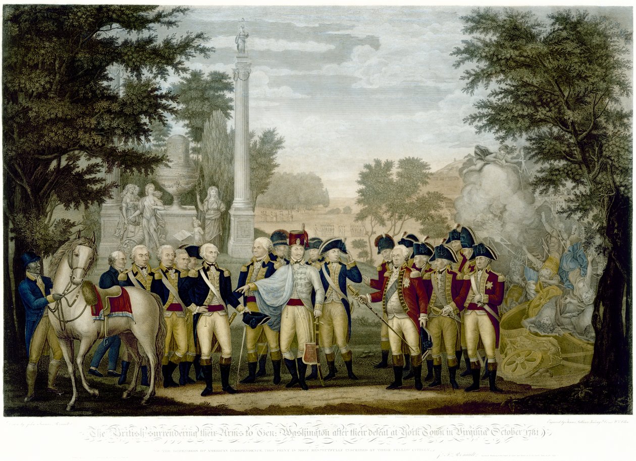 Os britânicos entregando suas armas ao general Washington após sua derrota em York Town na Virgínia em outubro de 1781, 1819 (gravura em cobre colorida à mão) de John Francis Renault