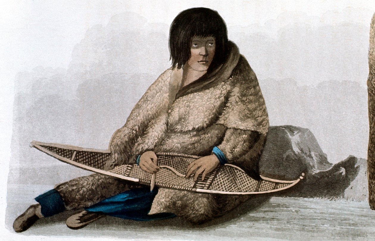 Menina indiana de cobre consertando sapato de neve, 1823 de John Franklin