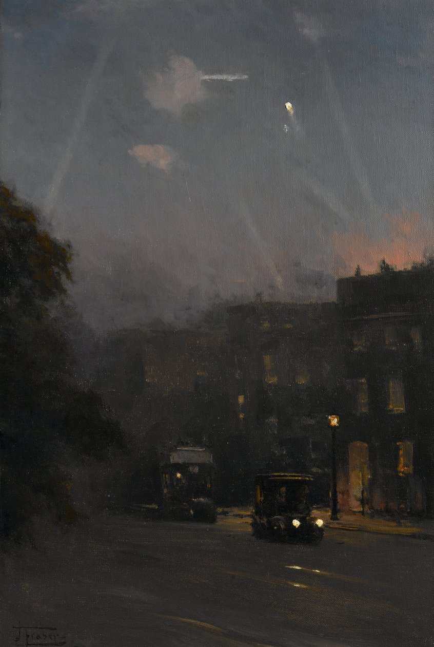 Um ataque de Zeppelin, 8 de outubro de 1915, c.1915-18 (óleo sobre tela) de John Fraser