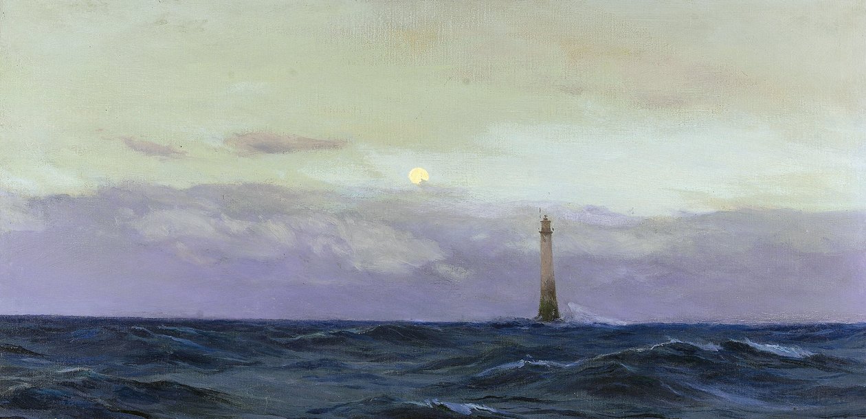 Farol de Wolf Rock, uma ilha rochosa ao largo da costa da Cornualha (Inglaterra). Óleo sobre tela de John Fraser () de John Fraser