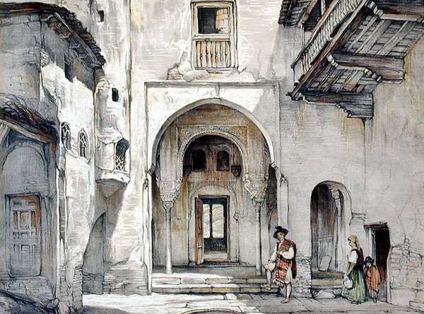 A Entrada para a Mesquita, de "Esboços e Desenhos da Alhambra", gravado por William Gauci (fl.1825-54) de John Frederick (after) Lewis