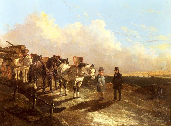Um carrinho de madeira parado numa estrada ao anoitecer de John Frederick Herring Jnr