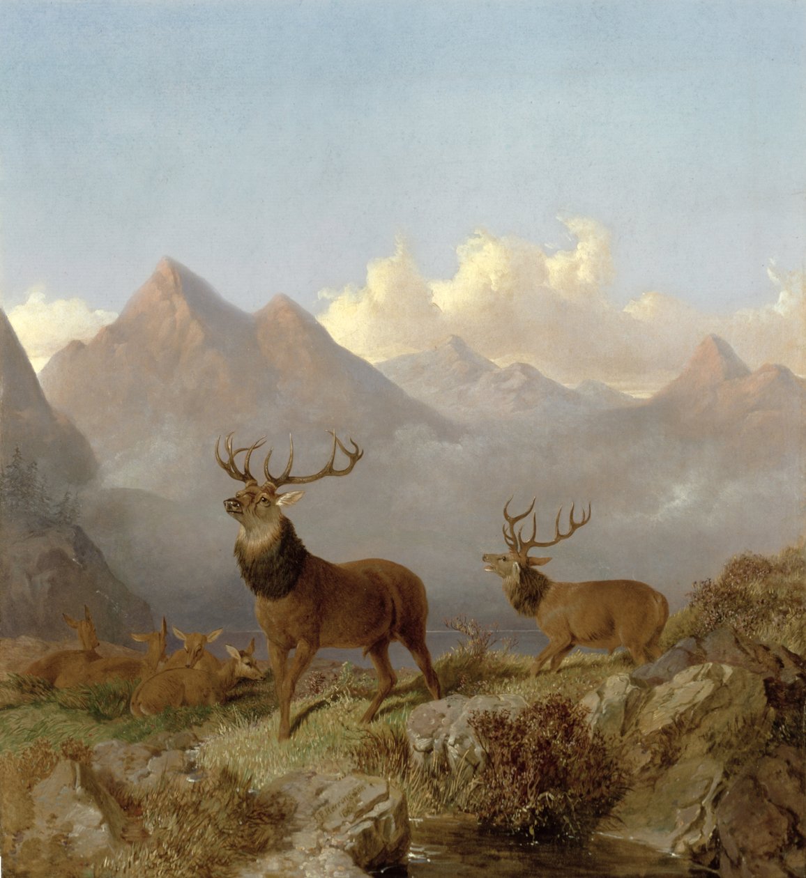 Detalhe de veados e hinds em uma paisagem das montanhas, 1864 de John Frederick Herring Junior