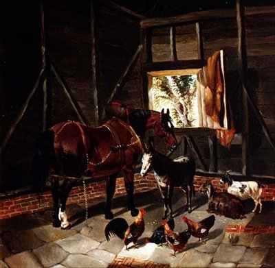 Interior Estável com Carrinho Cavalo e Burro de John Frederick Herring Jnr
