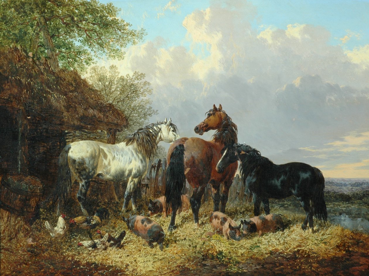 Três cavalos com porcos de John Frederick Herring Junior
