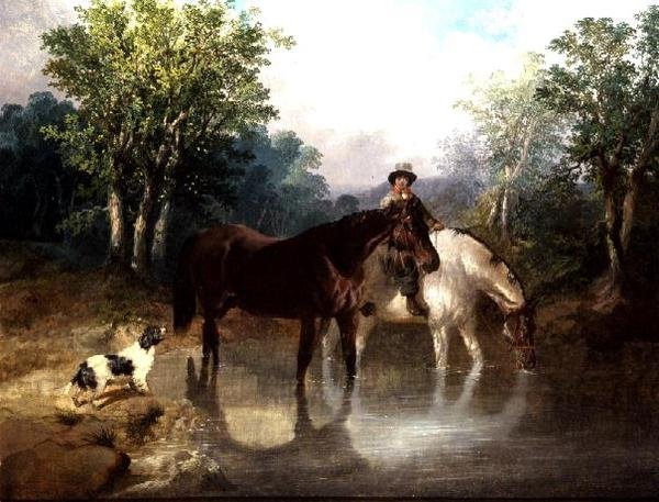 Dois cavalos, um homem e um cão junto a um riacho. de John Frederick Herring Jnr