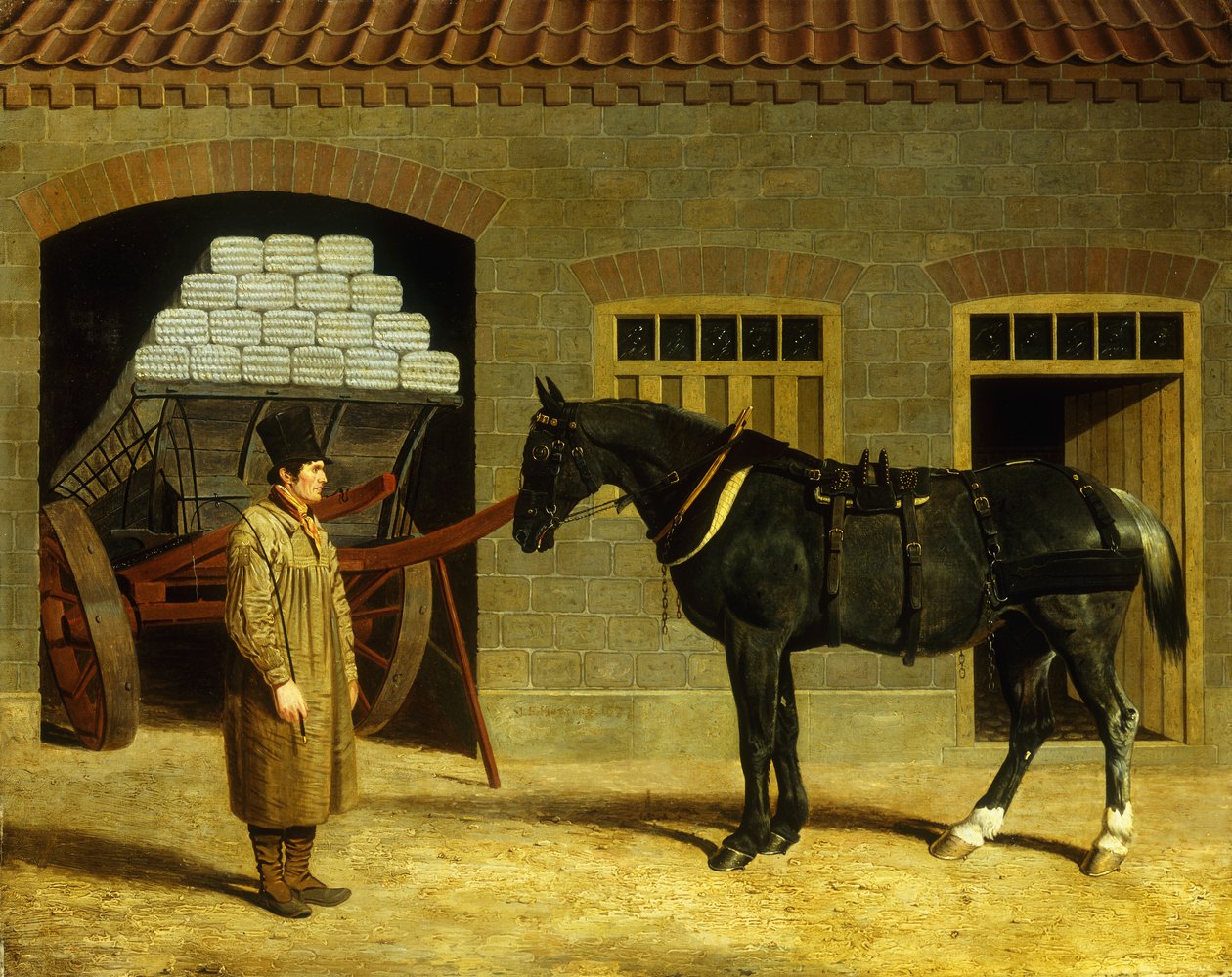 Um cavalo de carroça e motorista fora de um estábulo, 1827 de John Frederick Herring Senior