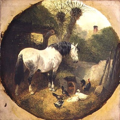 Um Carthorse a comer feno de um carrinho de mão no quintal de uma quinta de John Frederick Herring Senior