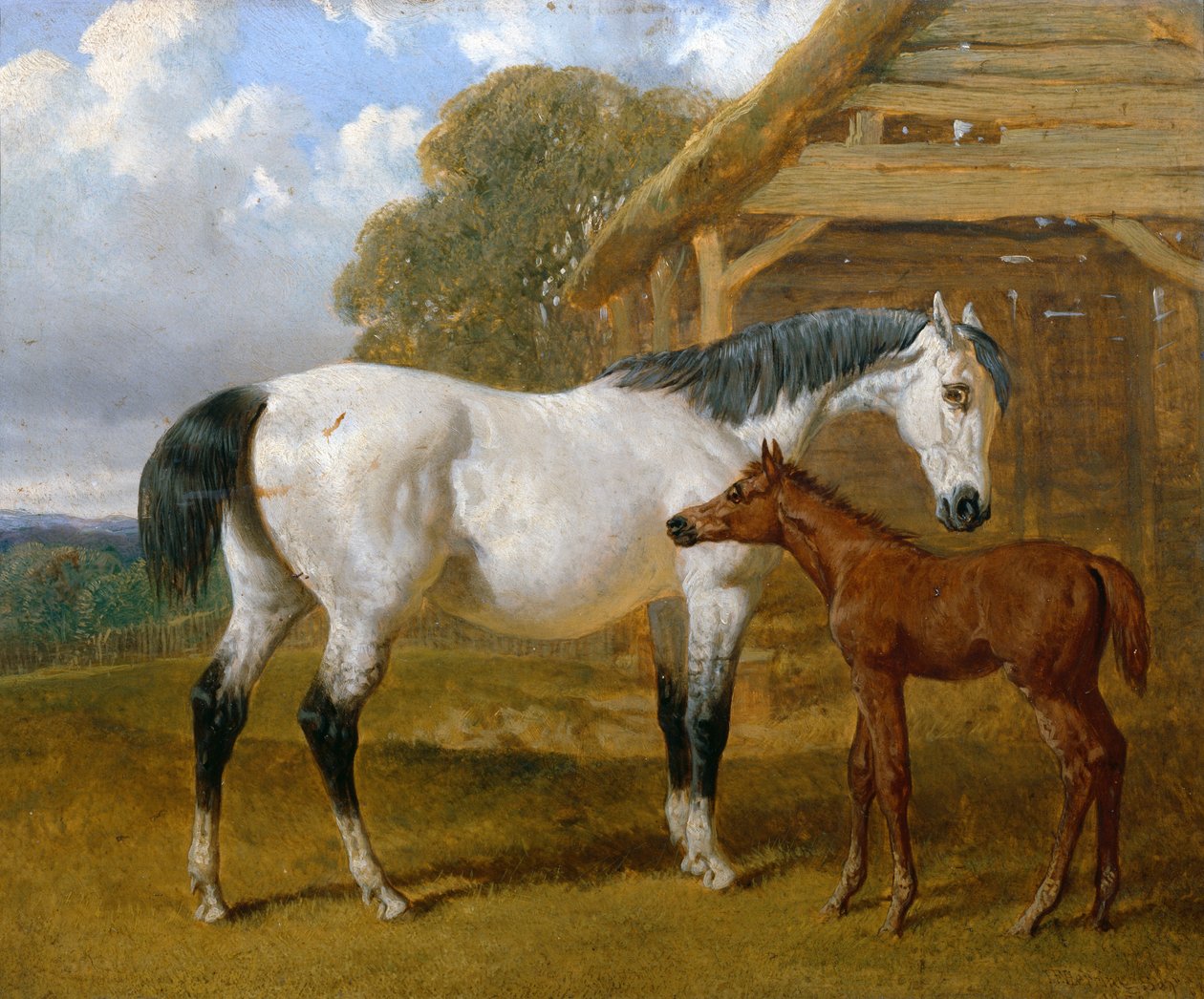 Uma égua e potro antes de um celeiro, 1854 de John Frederick Herring Senior