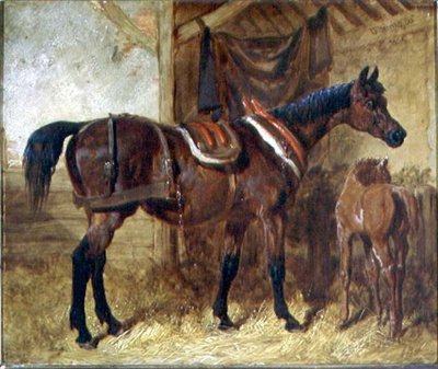 Uma égua velha e um potro num estábulo de John Frederick Herring Senior