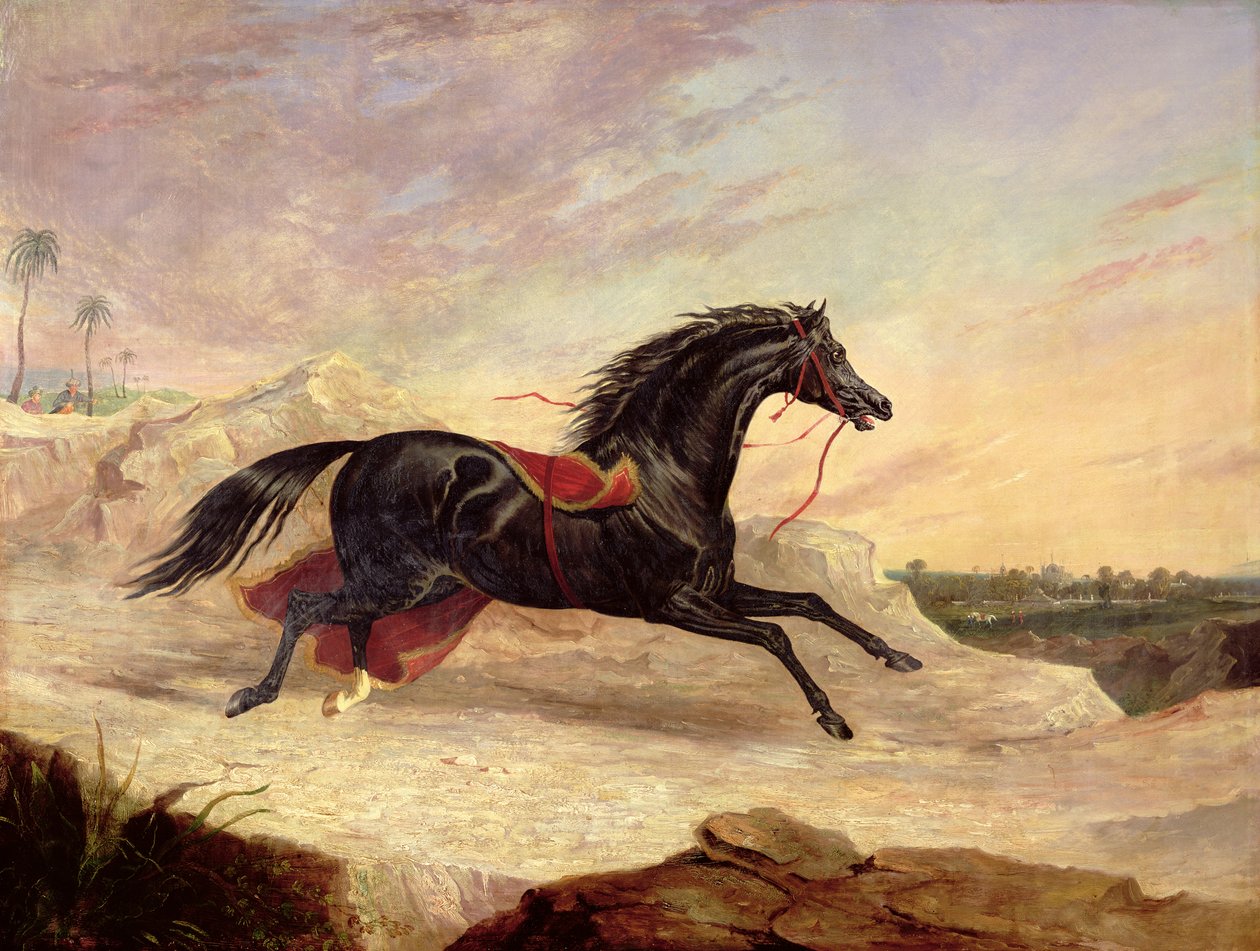 Árabes perseguindo um cavalo árabe solto em uma paisagem oriental de John Frederick Herring Senior