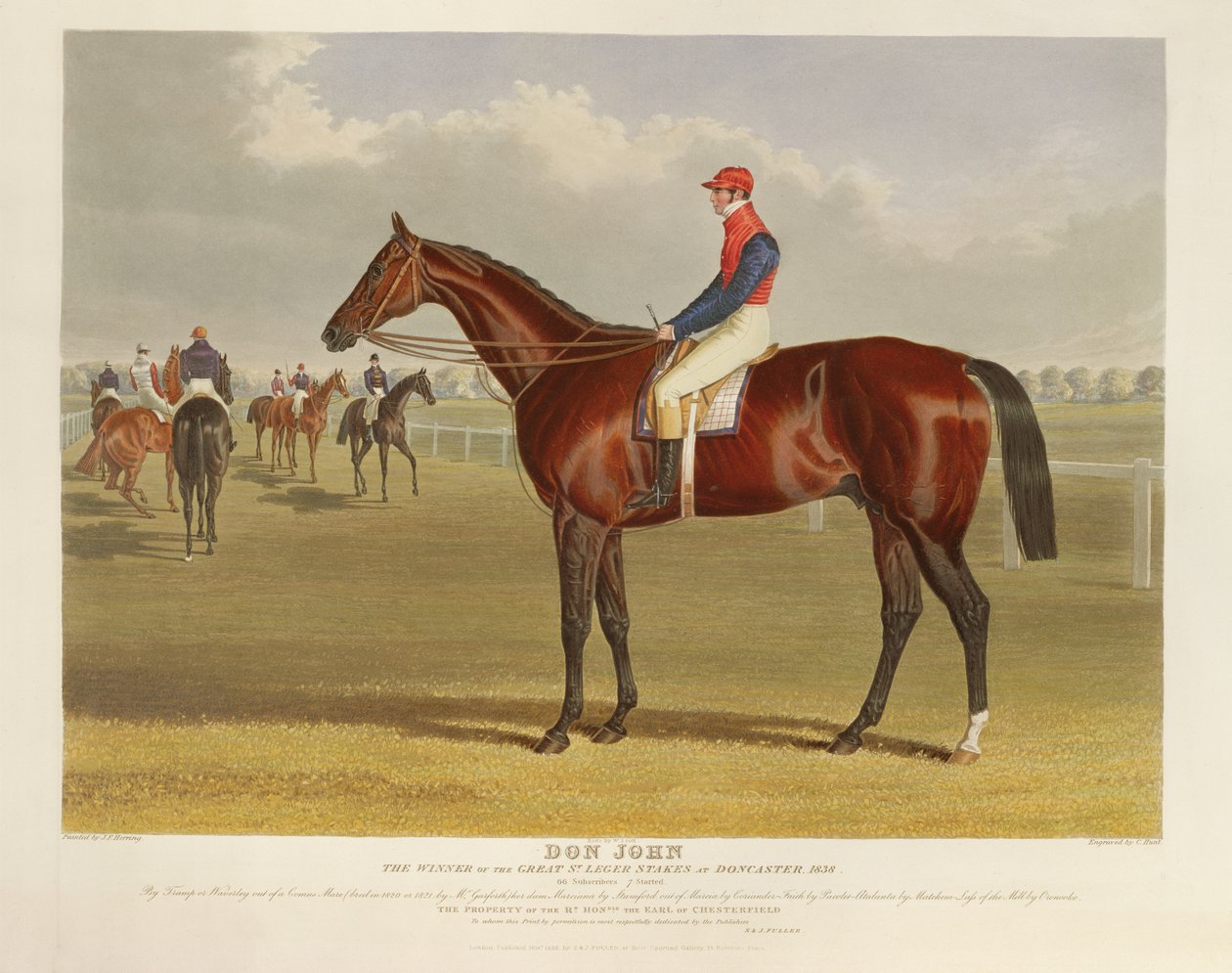 "Don John", o vencedor do Grande St. Leger Stakes em Doncaster, 1838, gravado por Charles Hunt (1803-77), pub. por S. und J. Fuller, 1838 (aquatinta) de John Frederick Herring Senior