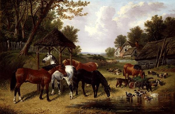 Cavalos junto a uma lagoa do pátio da fazenda (óleo sobre tela) de John Frederick Herring Senior
