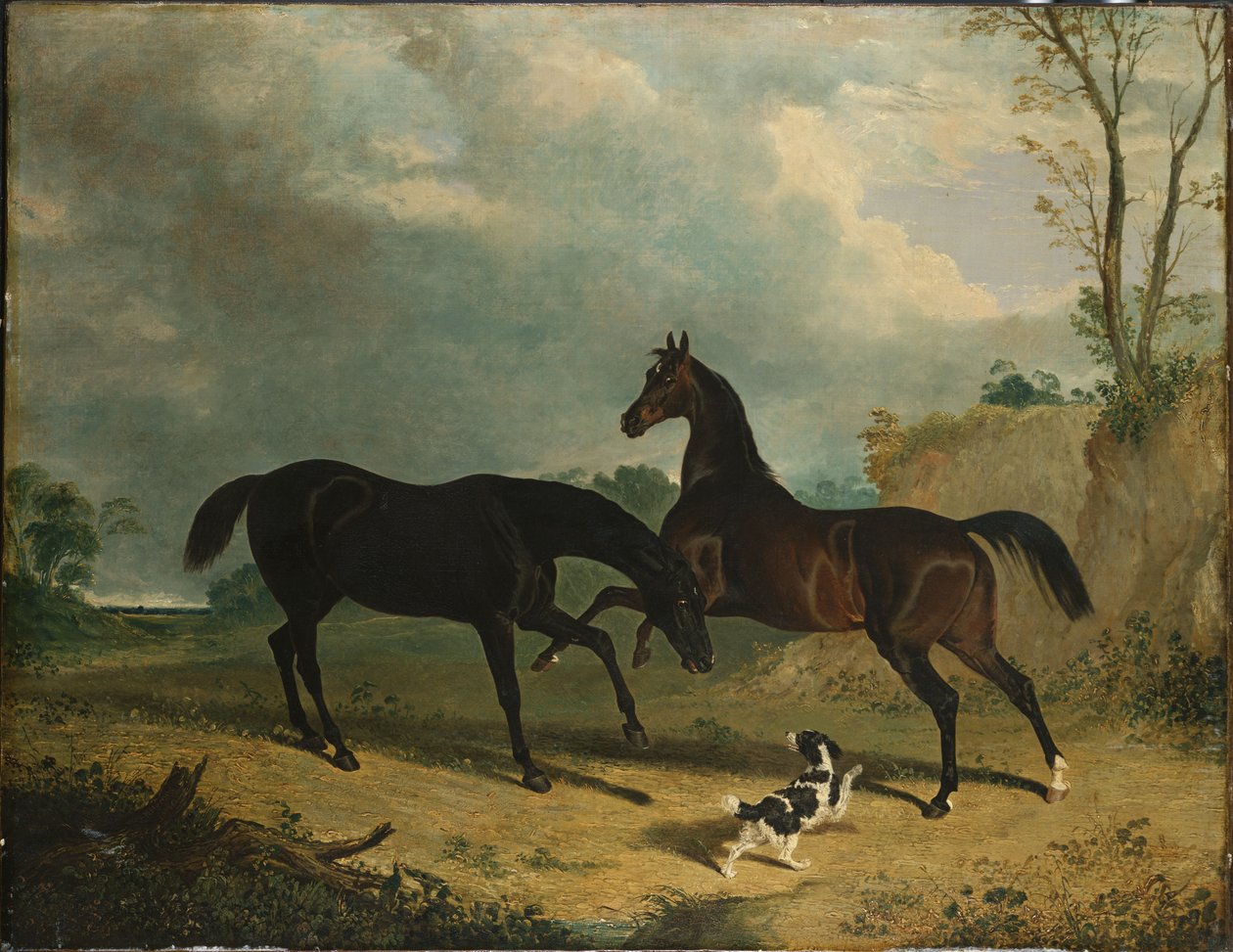 Caçadores e um Spaniel em uma paisagem arborizada, 1835 de John Frederick Herring Senior