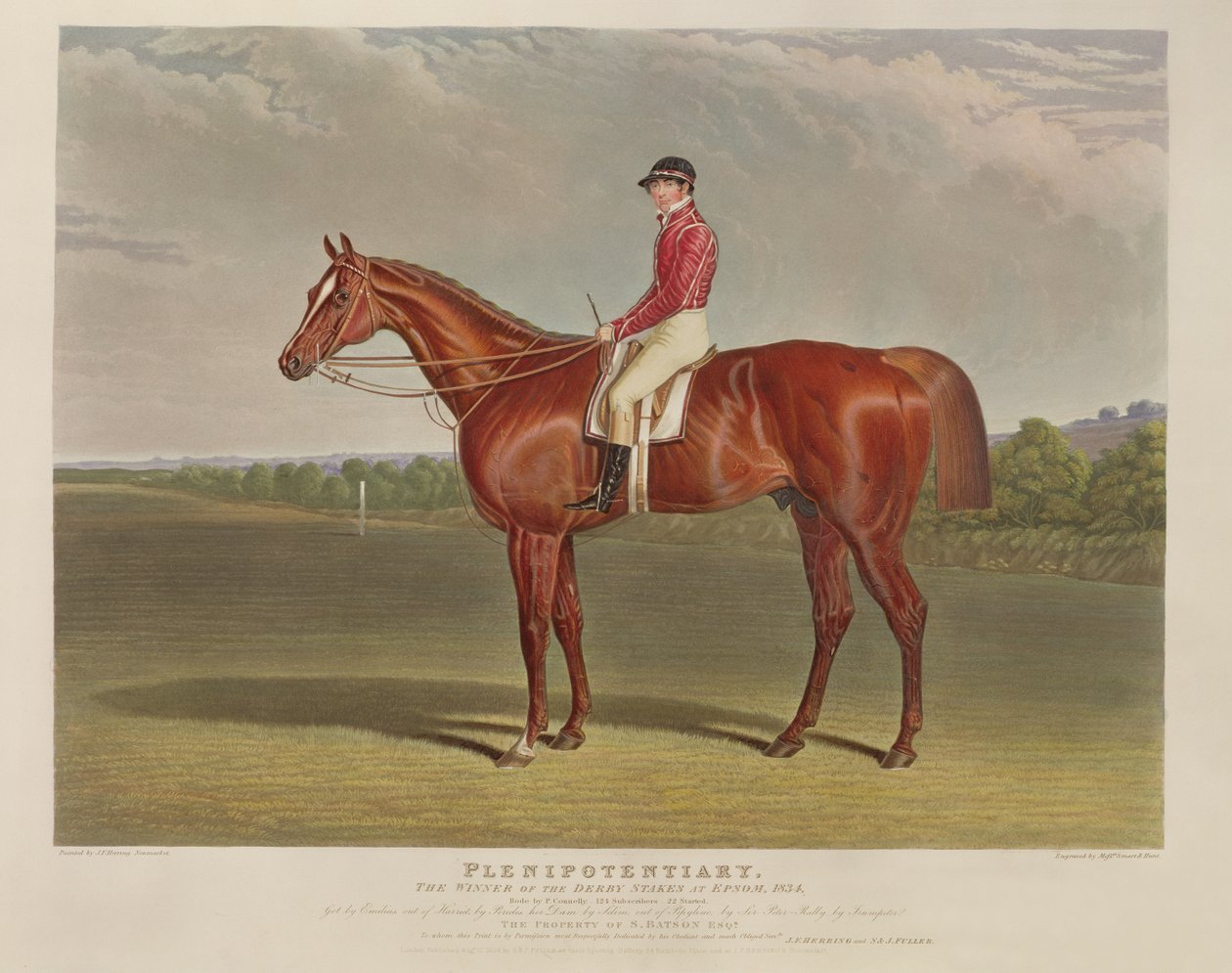 &39;Plenipotentiary&39;, o vencedor do Derby Stakes em Epsom, 1834, gravado por RW Smart e Charles Hunt (1803-77), pub. por S. und J. Fuller, 1834 (aquatinta) de John Frederick Herring Senior