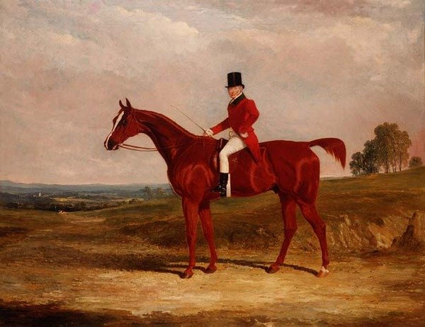Sir Hugh Hamilton Mortimer, Mestre dos velhos Surrey Foxhounds, num caçador de castanhas, numa extensa paisagem de John Frederick Herring Senior