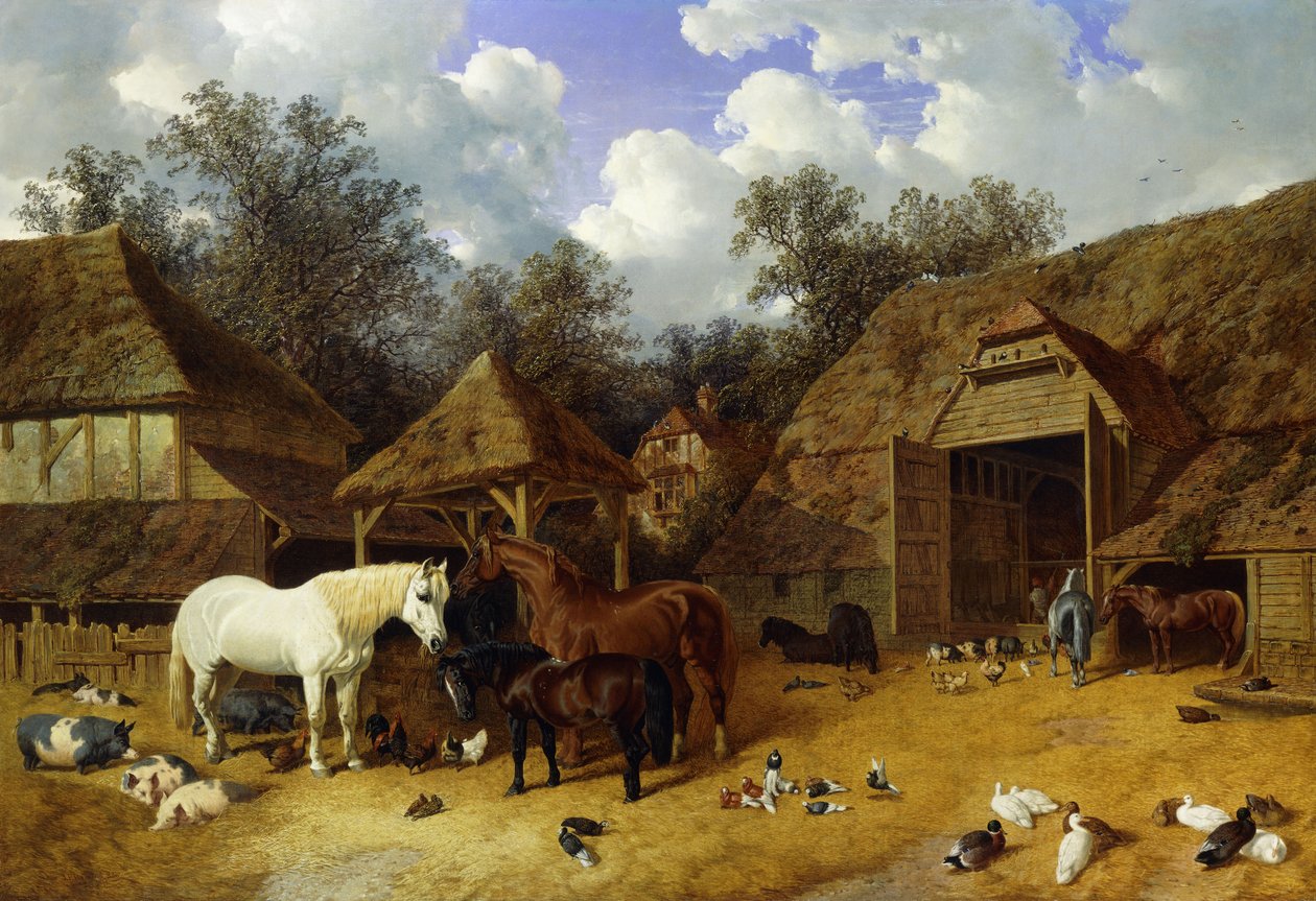 O pátio do artista em Meopham, Kent, com cavalos, pôneis de Shetland, porcos, patos, pombos e galinhas, 1857 de John Frederick Herring Senior