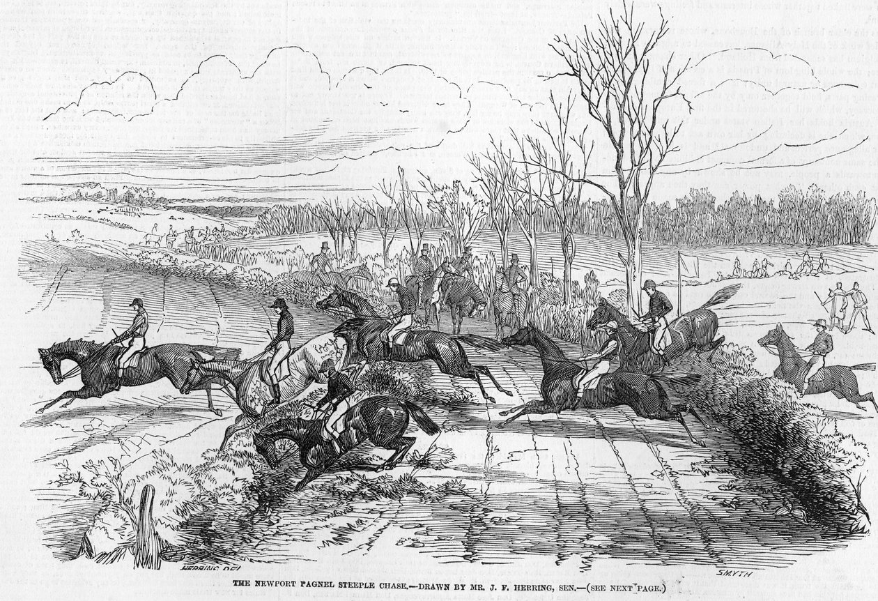 O Newport Pagnel Steeple Chase, gravado por Smyth, de &39;The Illustrated London News&39;, 28 de novembro de 1846 de John Frederick Herring Senior