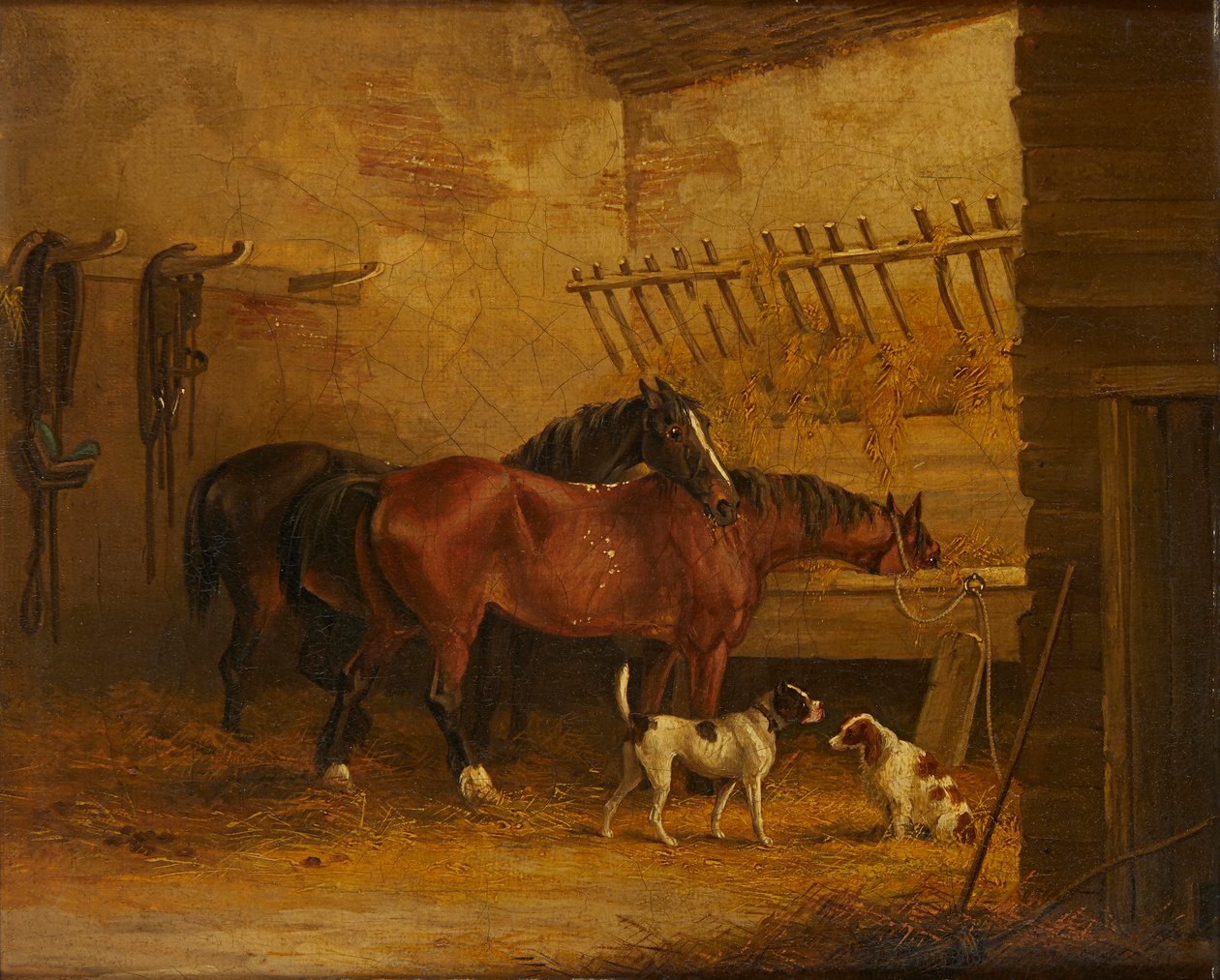 Cavalos e Cães num Interior Estável (óleo sobre tela) de John Frederick Jr. (attr.to) Herring