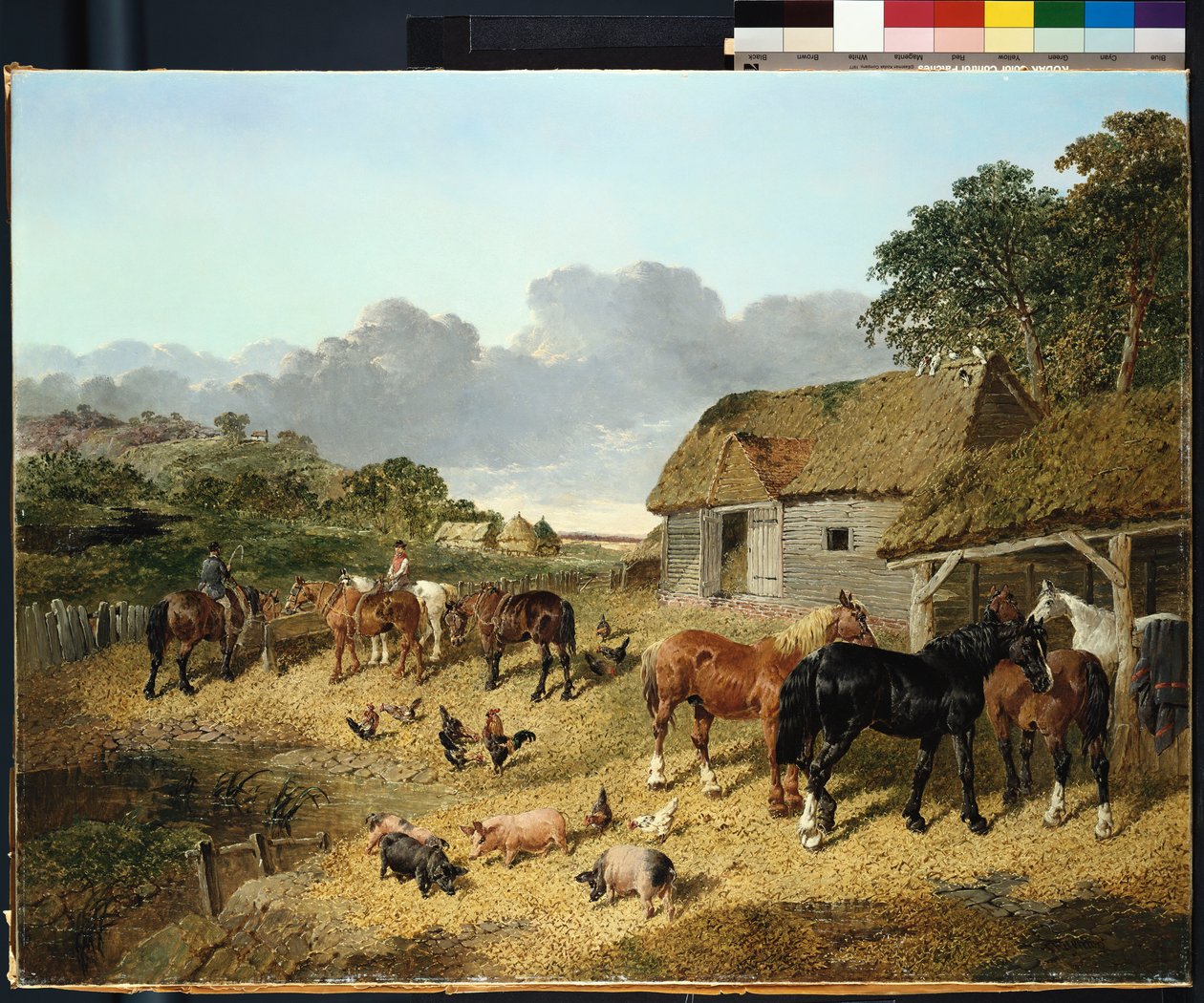 Cavalos que bebem de uma calha de água, com porcos e galinhas em um curral de John Frederick Herring Junior
