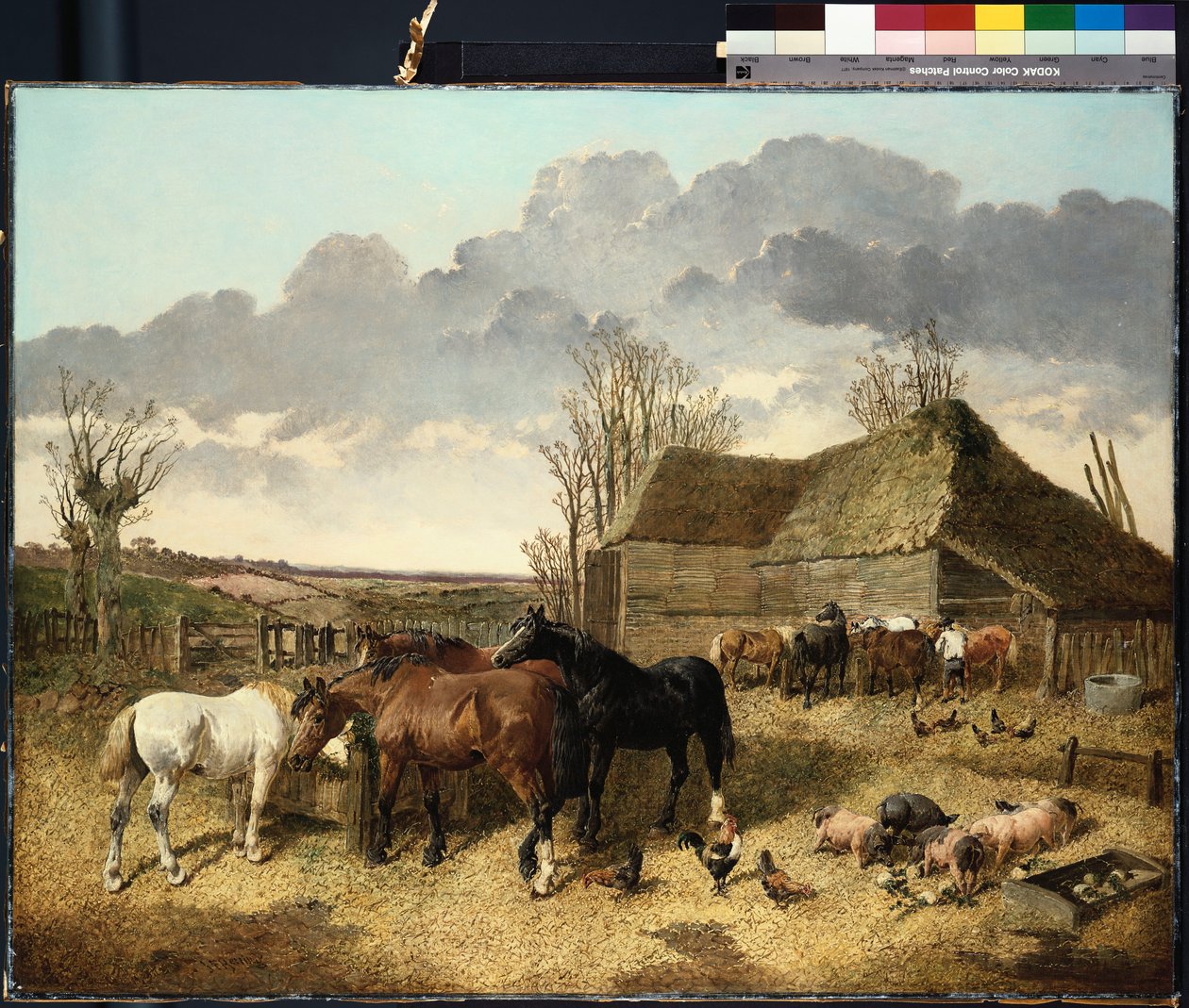 Cavalos comendo de uma manjedoura, com porcos e galinhas em um curral de John Frederick Herring Junior