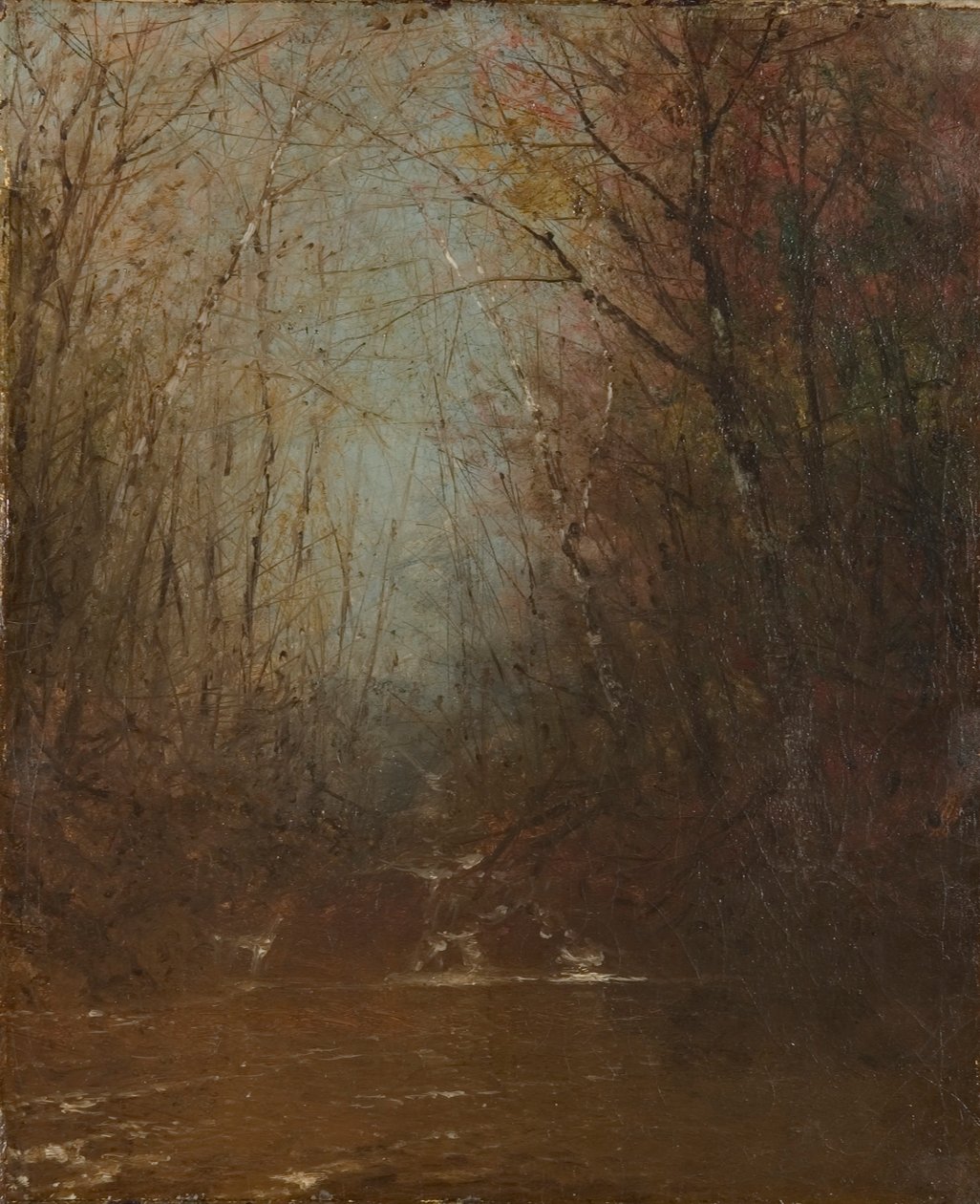 Interior de floresta com riacho de John Frederick Kensett