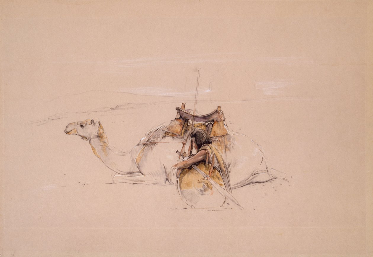 Um árabe Bisharin por seu camelo (lápis e aquarela) de John Frederick Lewis