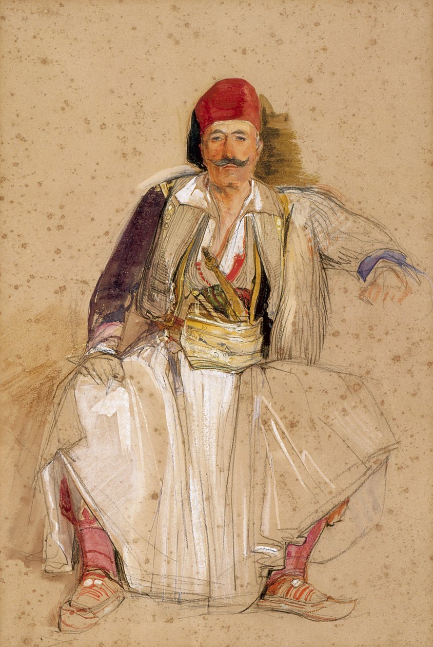 Um Corfiote Warrior, sentado (aguarela sobre lápis em papel não branco) de John Frederick Lewis