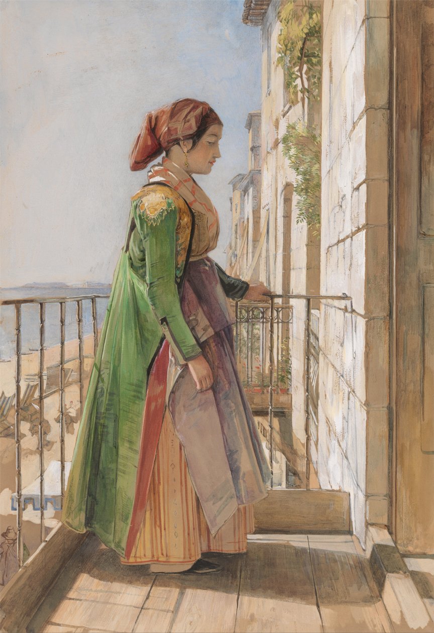 Uma rapariga grega de pé numa varanda de John Frederick Lewis