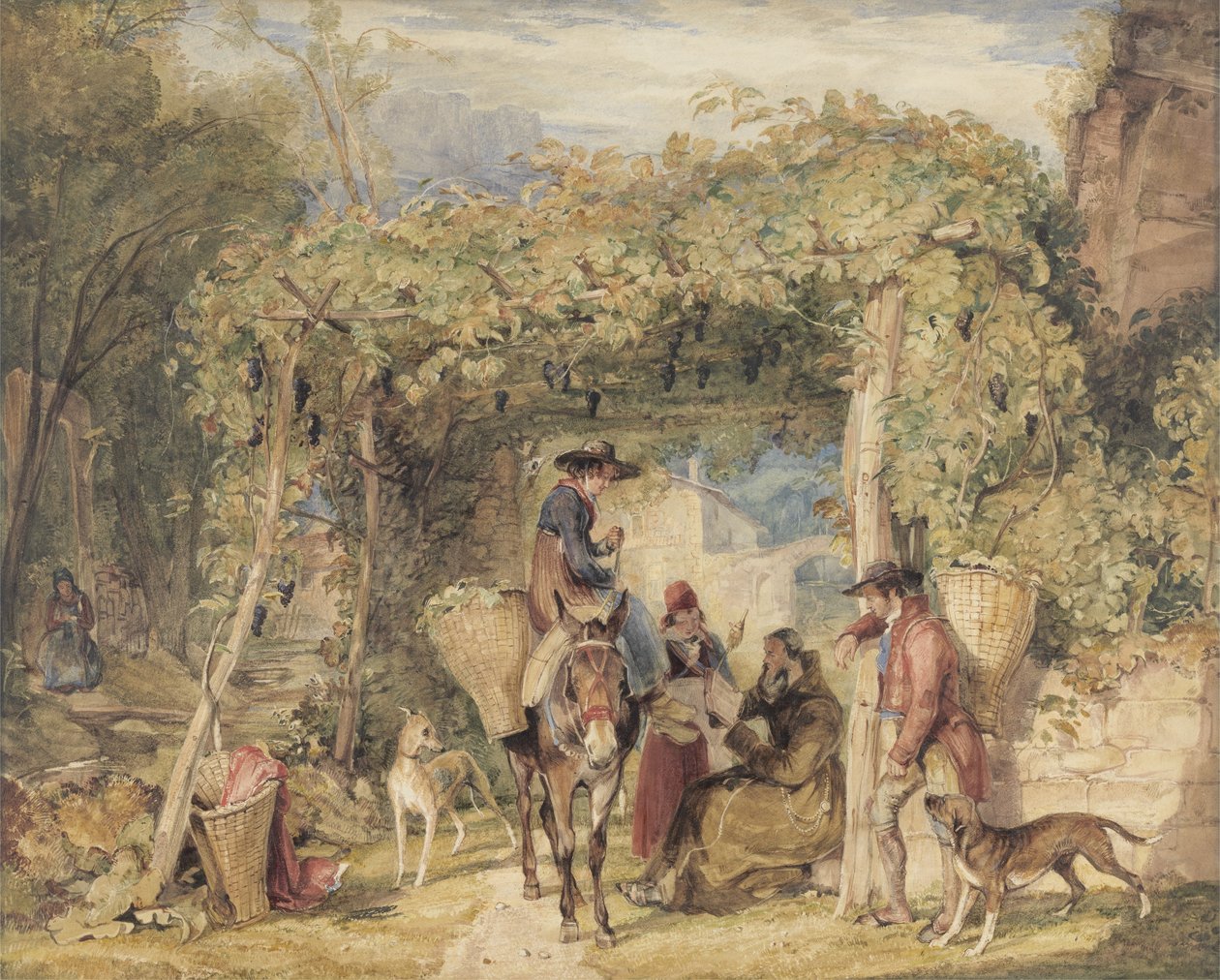 Figuras e animais em um vinhedo, c.1829 (aquarela, guache e grafite sobre papel) de John Frederick Lewis