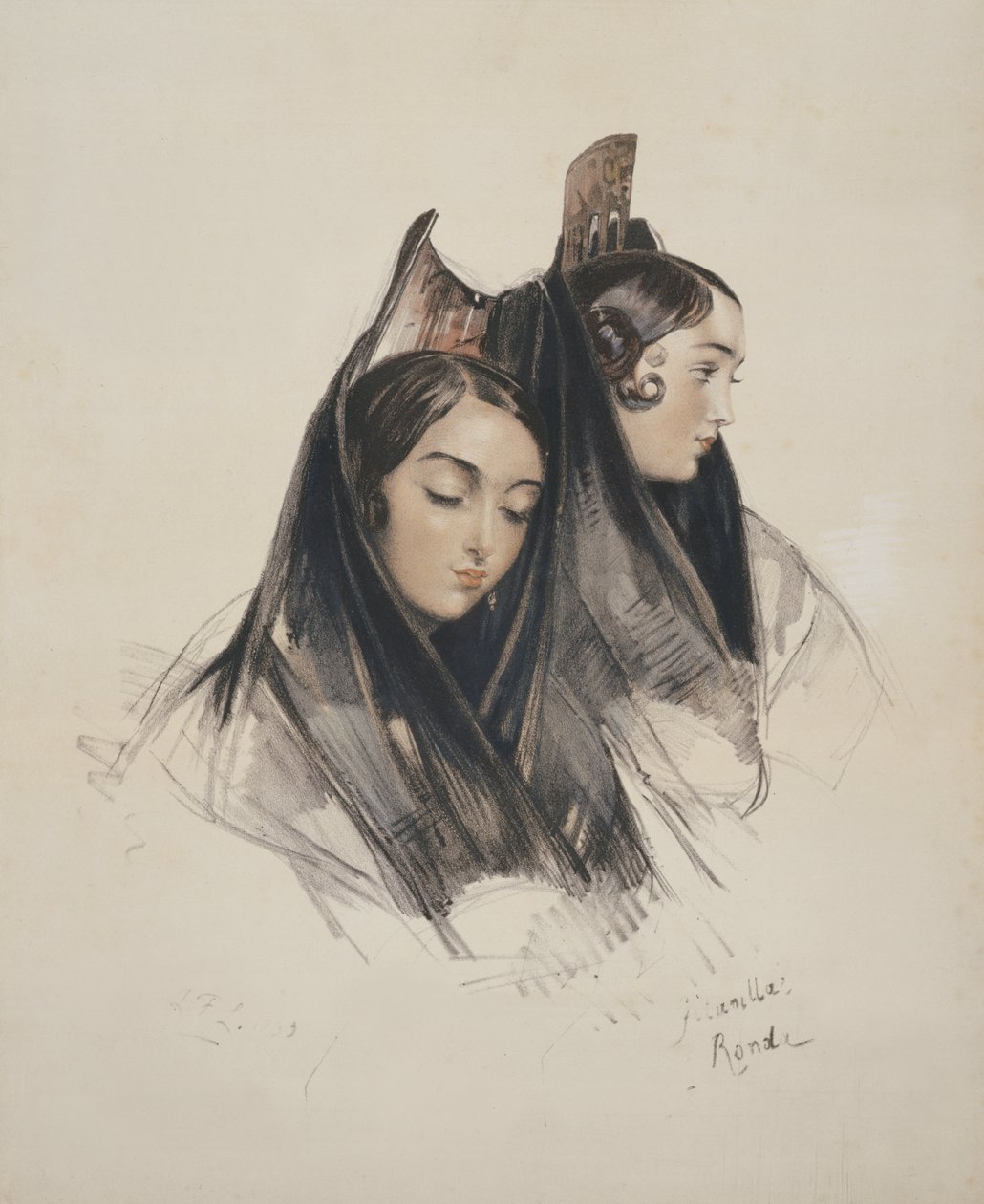 Meninas da Ronda, Andaluzia, placa 11 de esboços da Espanha, gravada por Charles Joseph Hullmandel (1789-1850) publicado de 1836 de John Frederick Lewis