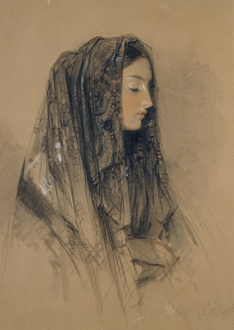 Cabeça de uma garota italiana em um Mantilla, 1838 (giz vermelho e preto e tinta indiana com aquarelas e bodycolours na placa buff) de John Frederick Lewis