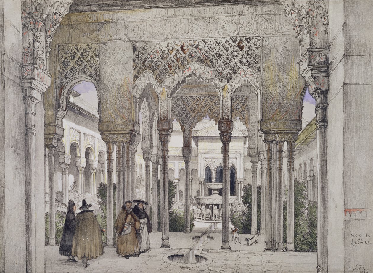O Tribunal dos Leões (Patio de los Leones), de &39;Esboços e Desenhos da Alhambra&39;, gravado por William Gauci (fl.1825-54), 1834 de John Frederick Lewis