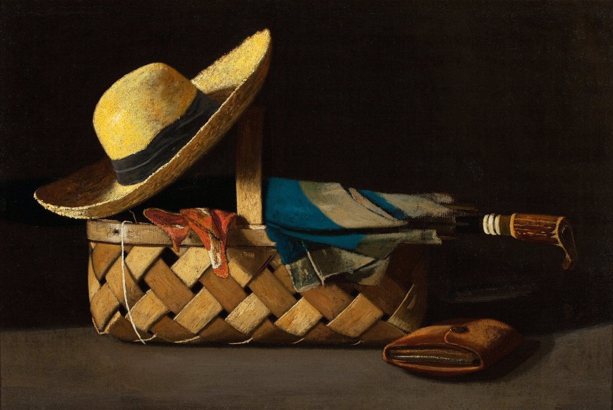 "Market Basket, Hat and Umbrella" Natureza Morta - Pintura de John Frederick Peto (1854-1907) cerca de 1890 Colecção Privada de John Frederick Peto
