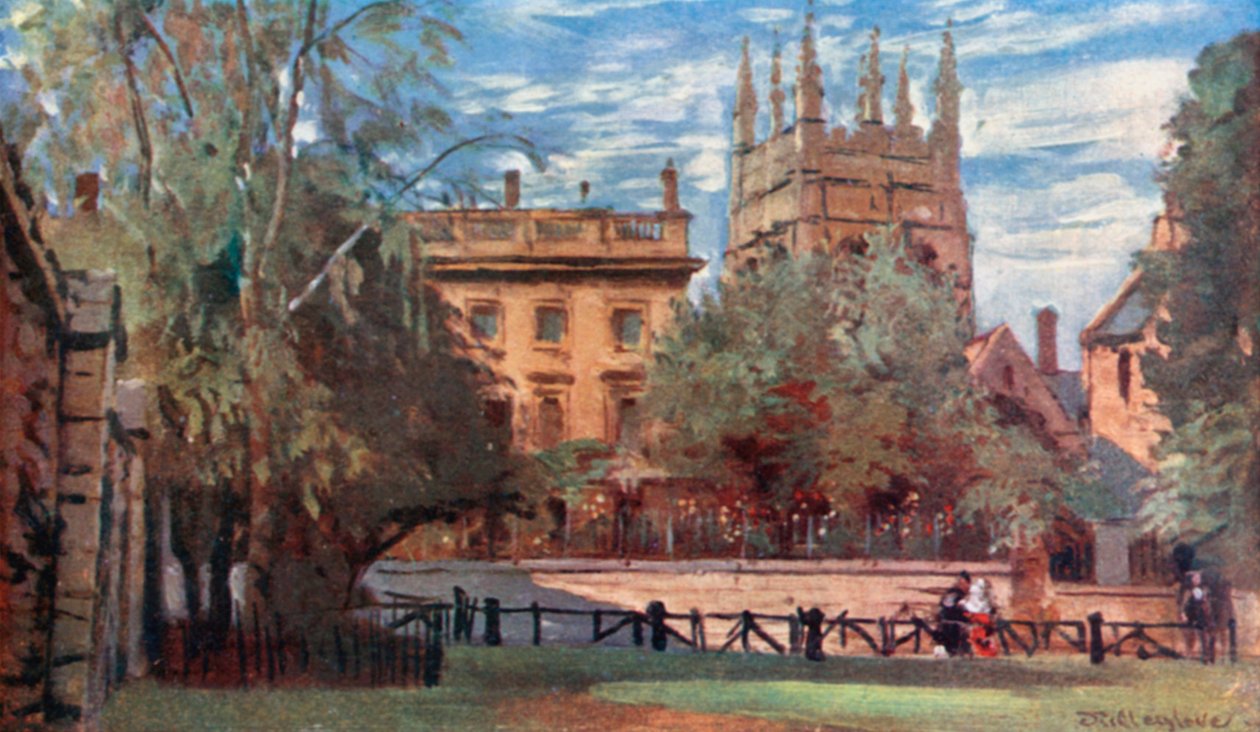 Corpus Christi College e Merton Tower, a partir de Christ Church Meadows (litografia a cores) de John Fulleylove