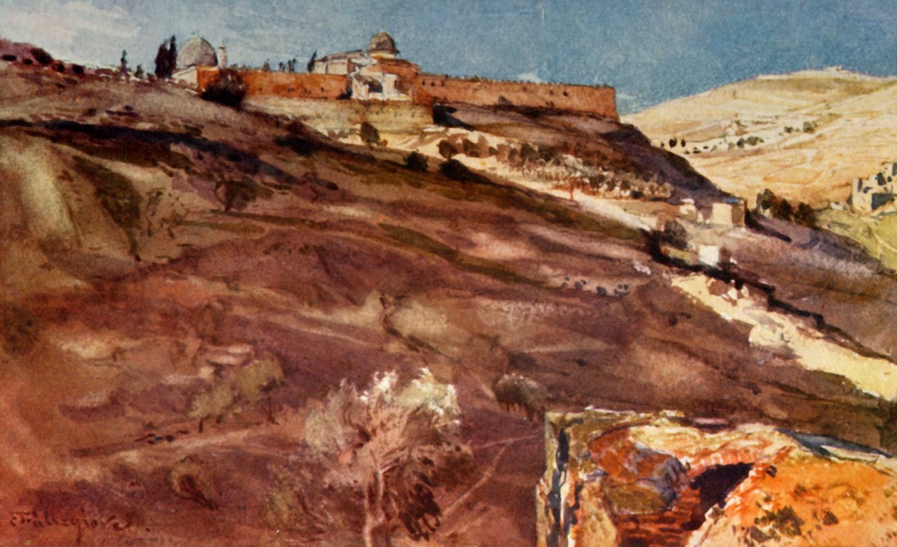 Jerusalém. - Muralha sul da área do templo, do vale de Hinnom, ao pôr do sol, 1902. de John Fulleylove