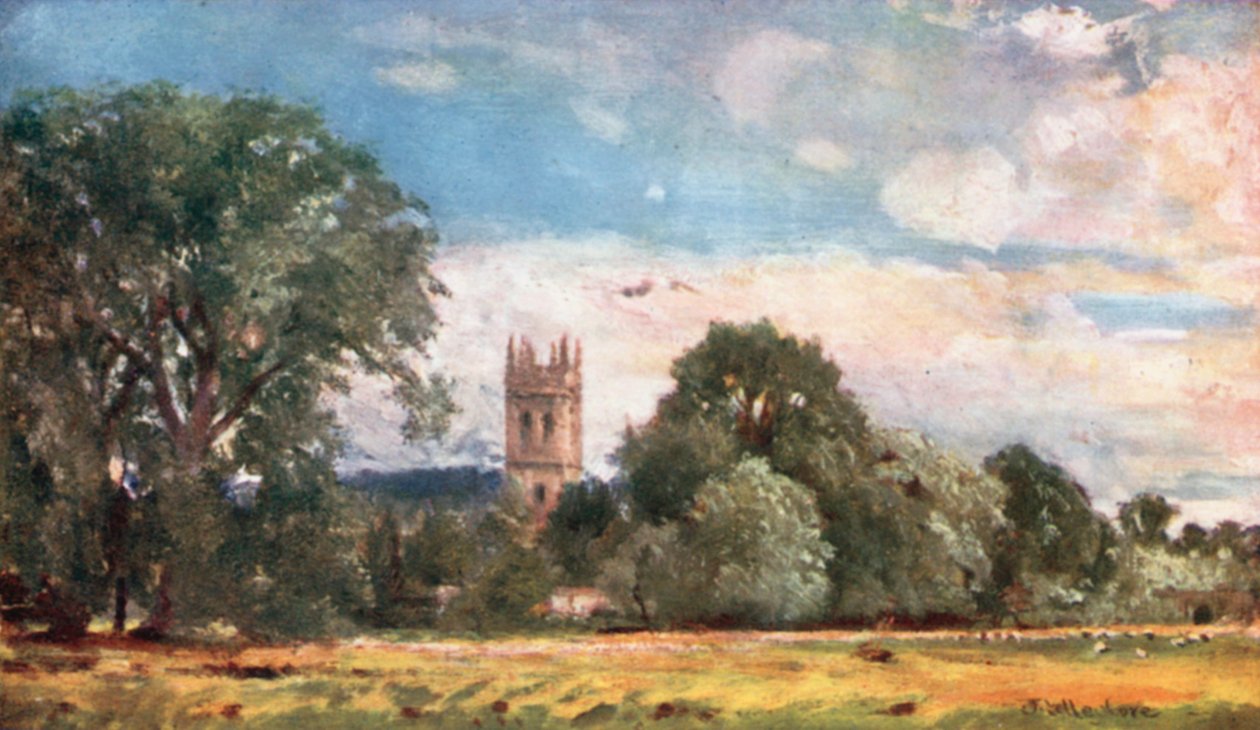 Torre do Magdalen College, a partir dos Meadows (litografia a cores) de John Fulleylove