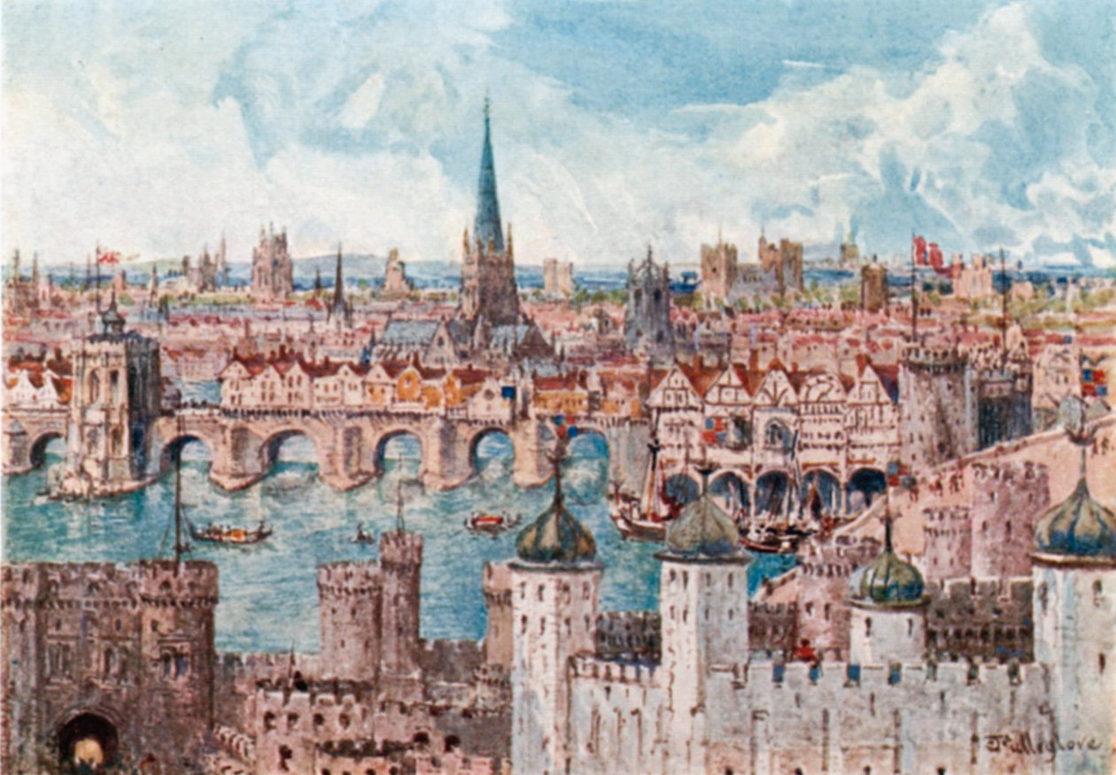 Ponte velha de Londres em 1386 (litografia a cores) de John Fulleylove