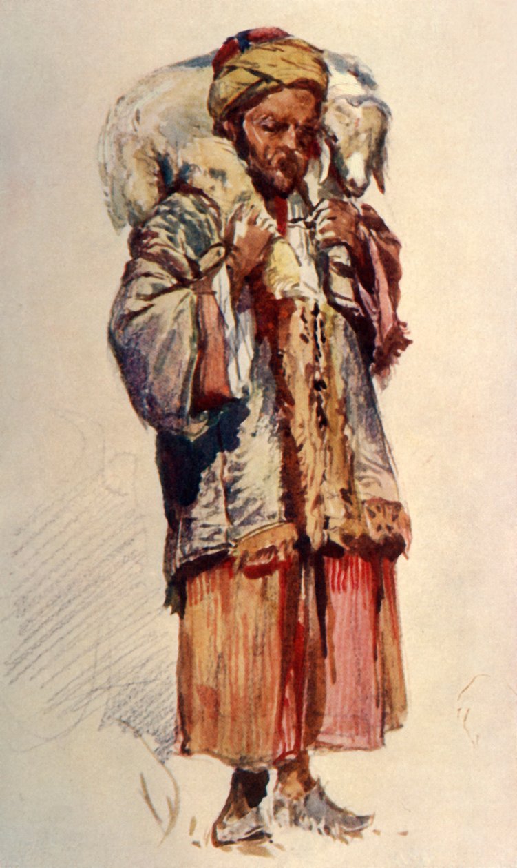 Pastor sírio Abu Mustapha carregando um cordeiro nos ombros, 1902. de John Fulleylove