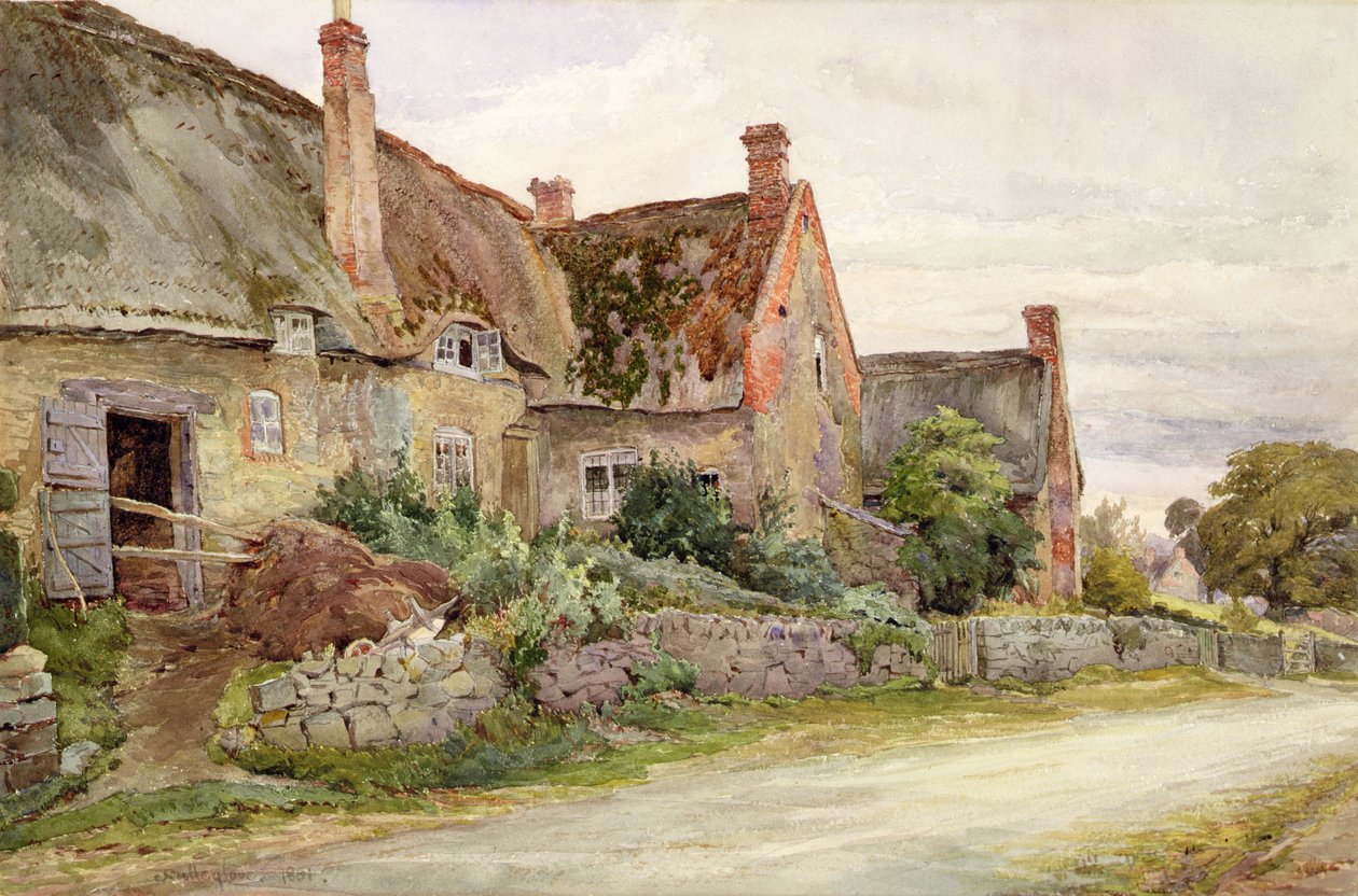 Casa de colmo com celeiro adjacente, 1881 (wc e grafite no papel) de John Fulleylove