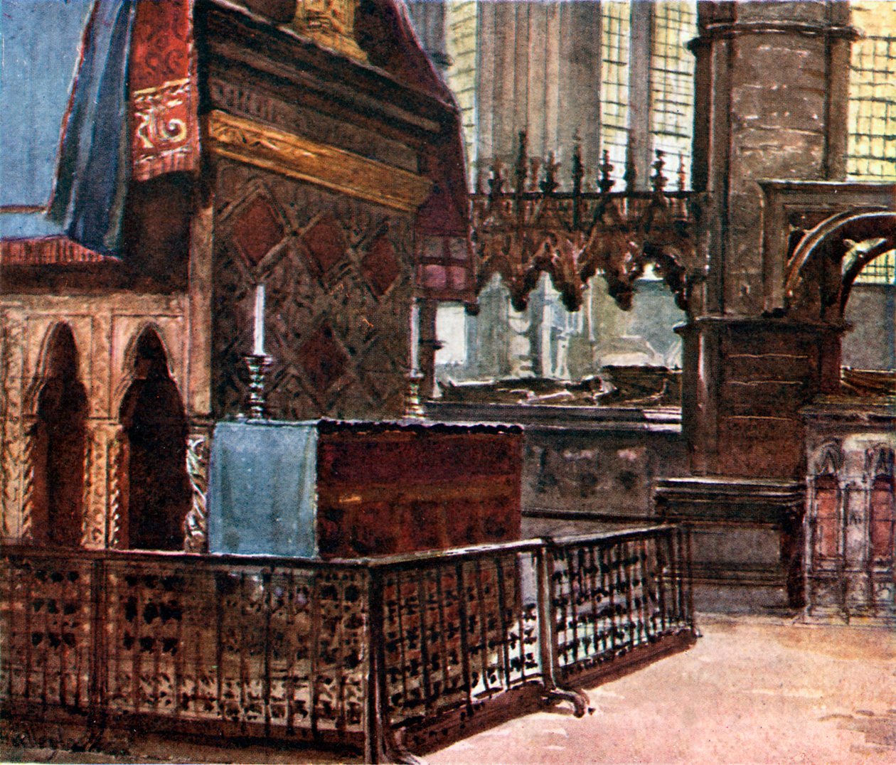 A extremidade oeste do Santuário do Confessor, com o Altar Moderno (litografia a cores) de John Fulleylove