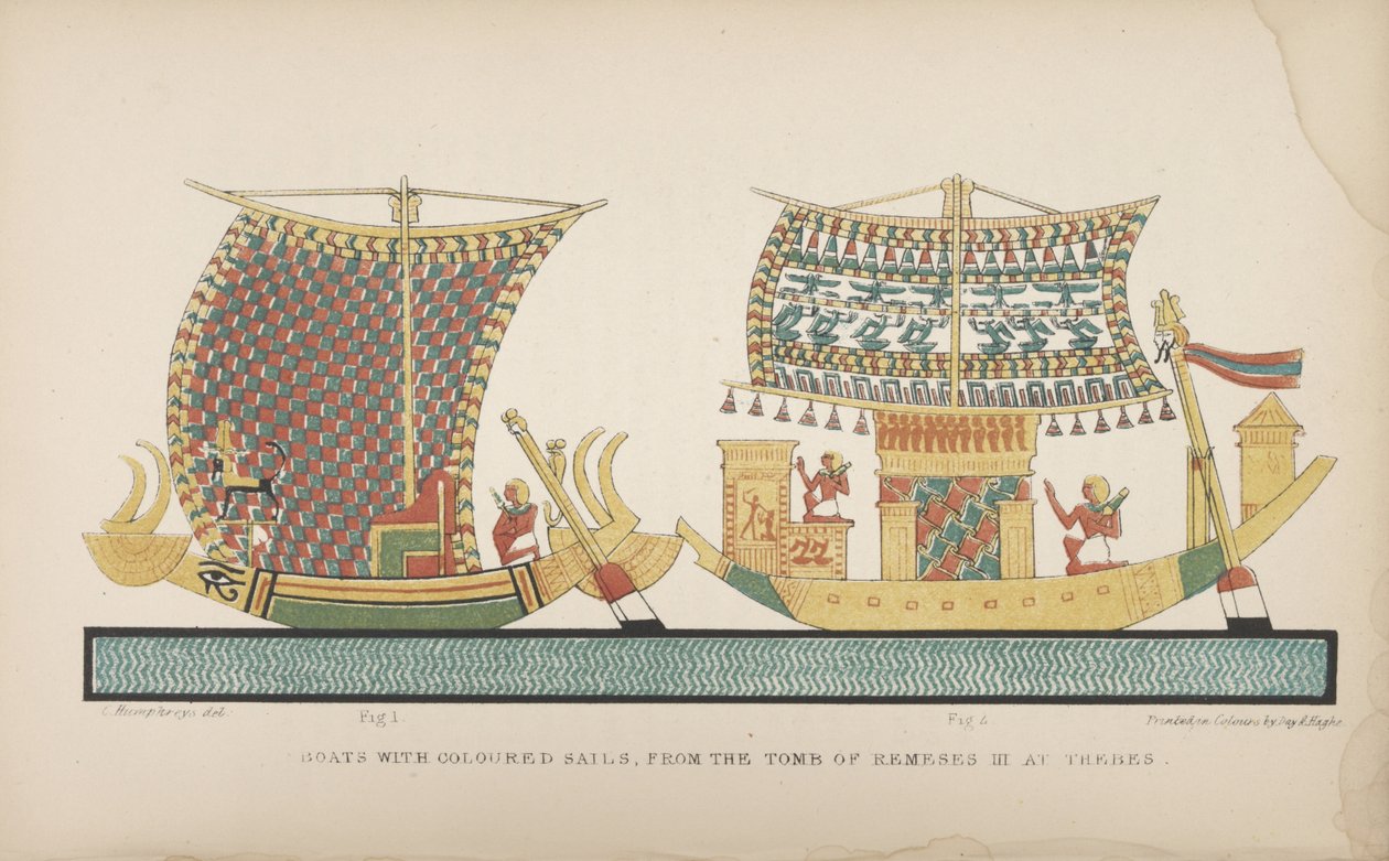Barcos com velas coloridas, da Tumba de Remeses III em Tebas, ilustração de "Manners and Customs of the Ancient Egyptians ...", 1837-41 de John Gardner Wilkinson