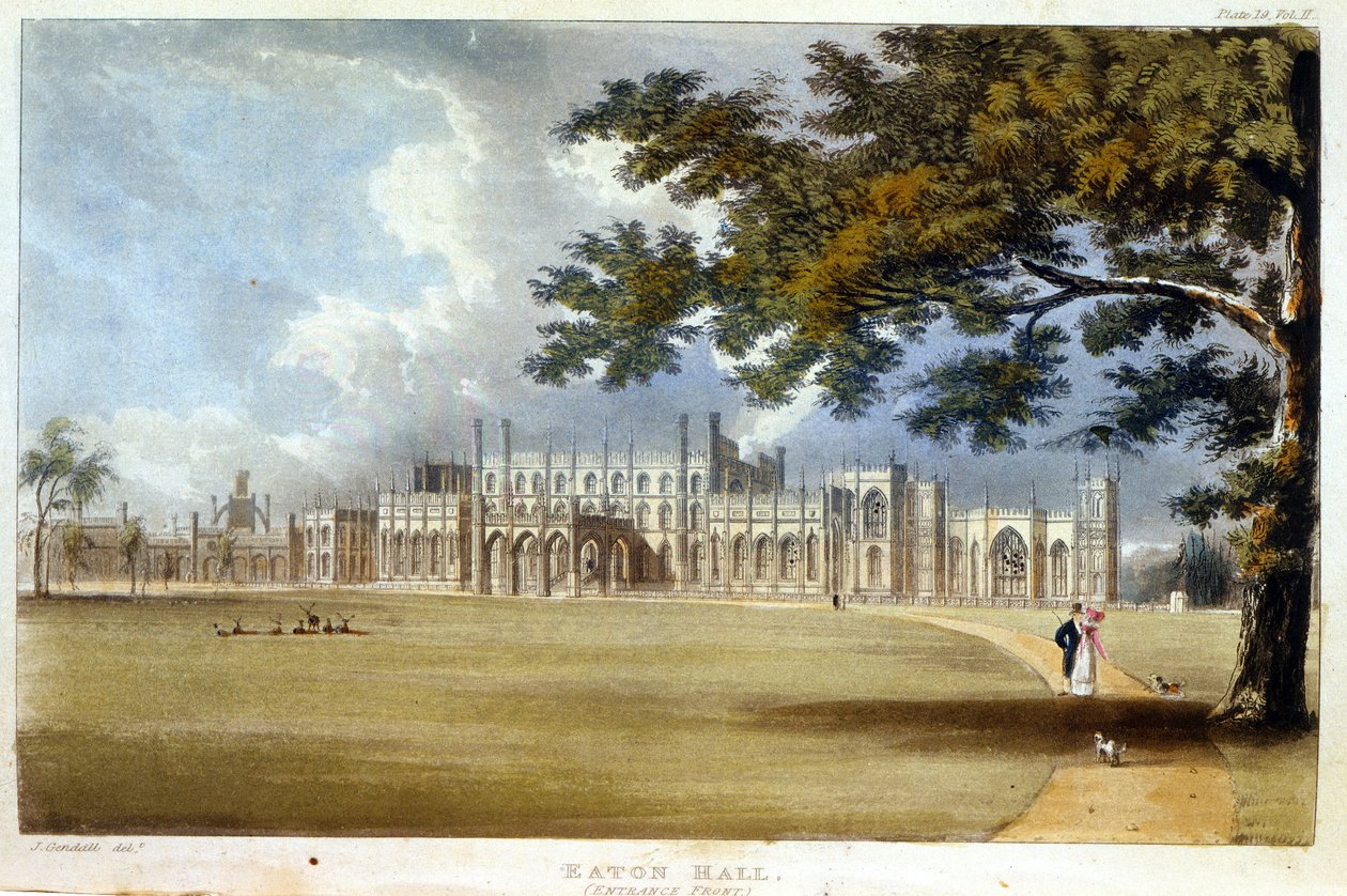 Eaton Hall, Entrance Front, do "Repository of Arts" de Ackermann, publicado em 1826 (ver também 182261) de John Gendall