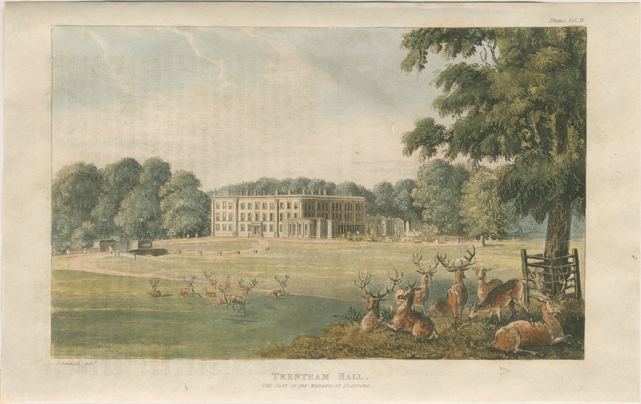 Trentham Hall: litografia colorida, nd [c 1824] (impressão) de John Gendall