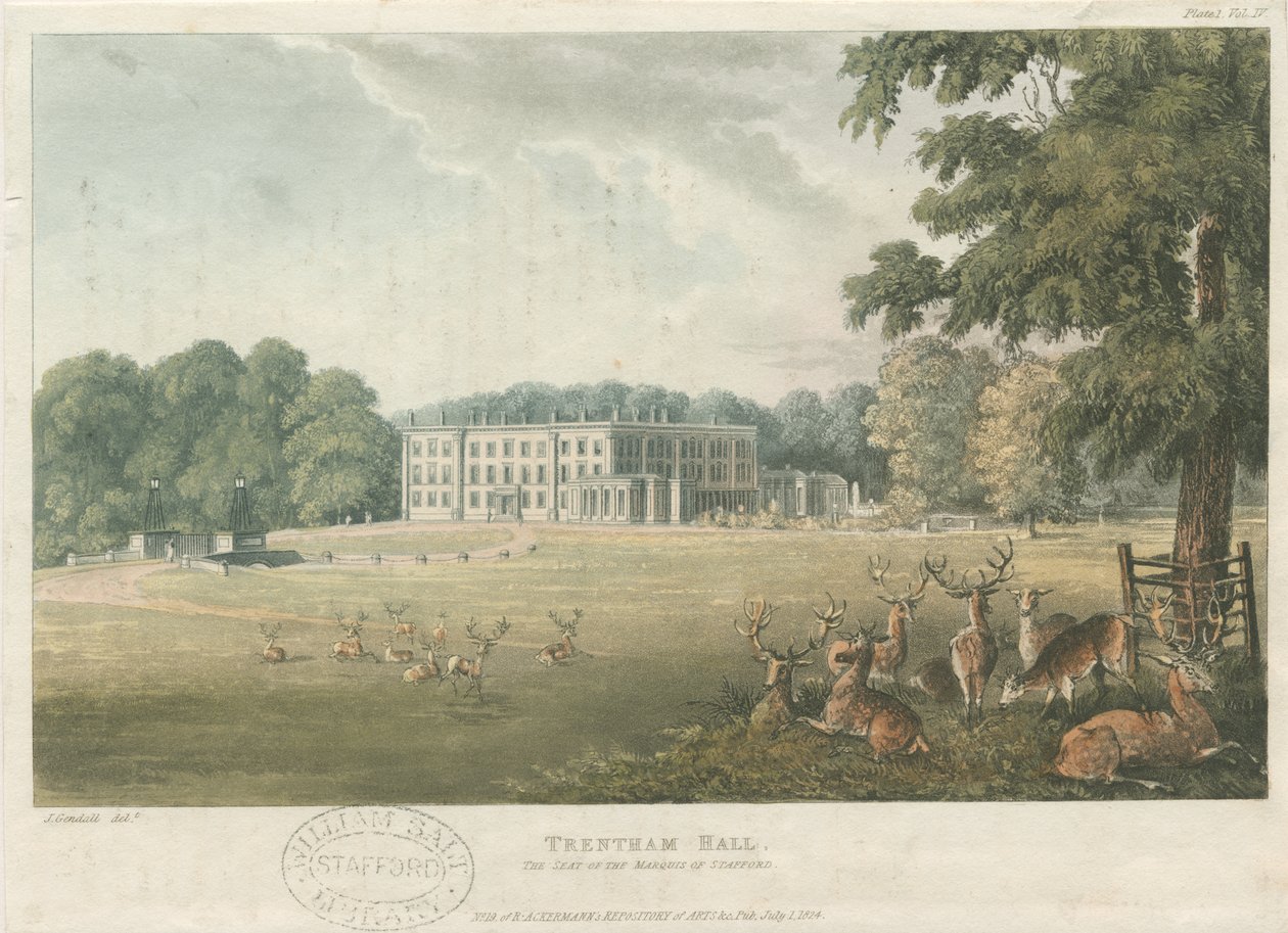 Trentham Hall: litografia colorida, nd [c 1824] (impressão) de John Gendall