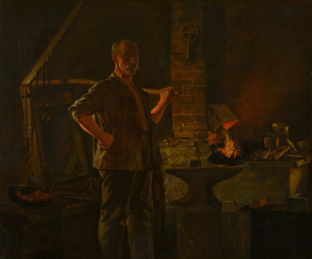 The Village Blacksmith, c.1900 (óleo sobre tela) de John George Brown