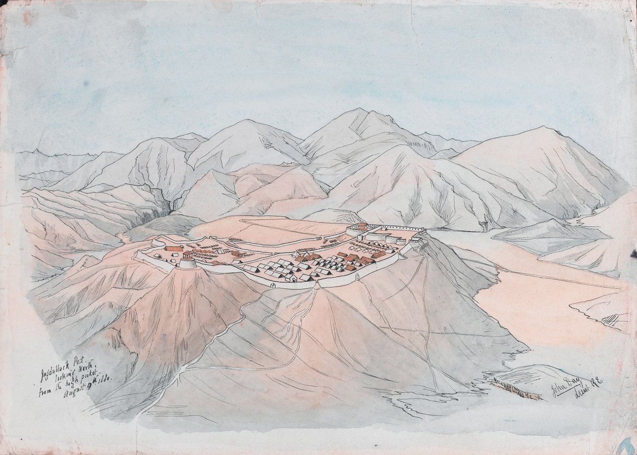Jugdullack Post olhando para Norte do piquete alto 9 de Agosto de 1880 (caneta e tinta e aguarela) de John George Day