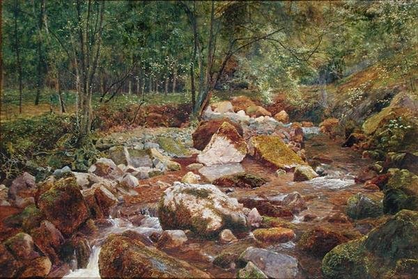 Um Rocky Stream Overhung com Árvores (aguarela e cor de corpo com goma arábica sobre papel) de John George Sowerby